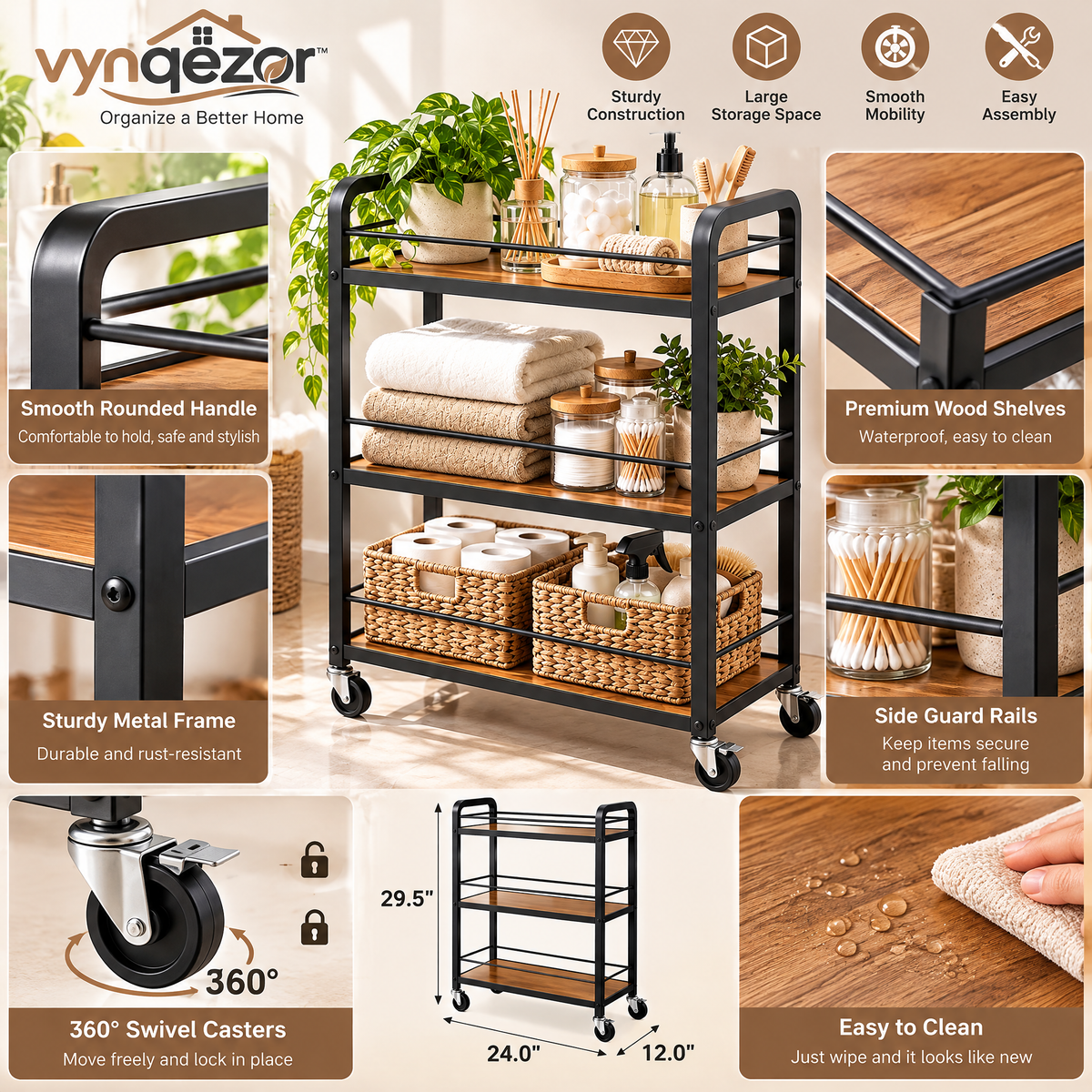 3-Tier Rolling Utility Cart
